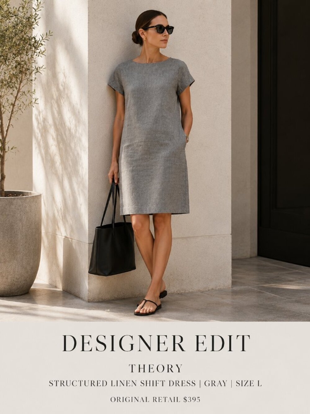 Theory Linen Shift Midi Dress Gray Structured Minimalist L Lined